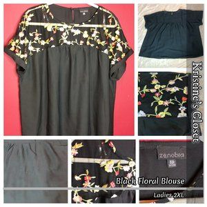 Black Floral Short Sleeve Blouse - Ladies 2XL